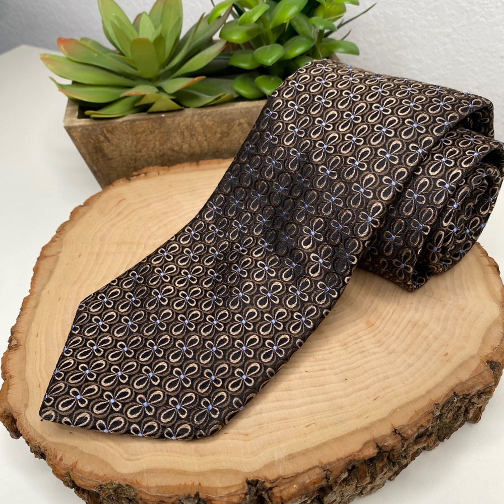 Ike‎ Behar New York Mens Silk Tie Brown Blue Geometric Floral Hand Tailored USA